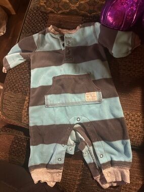 Striped Blue & Gray Fleece Baby Footie One-Piece